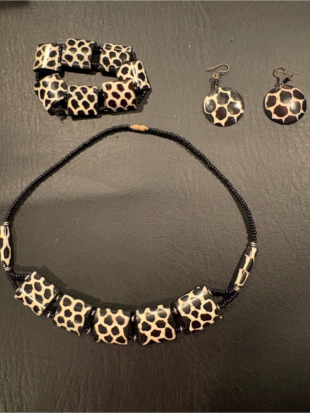 Leopard Print Black and Cream Jewelry Set - Necklace, Bracelet & Earrings